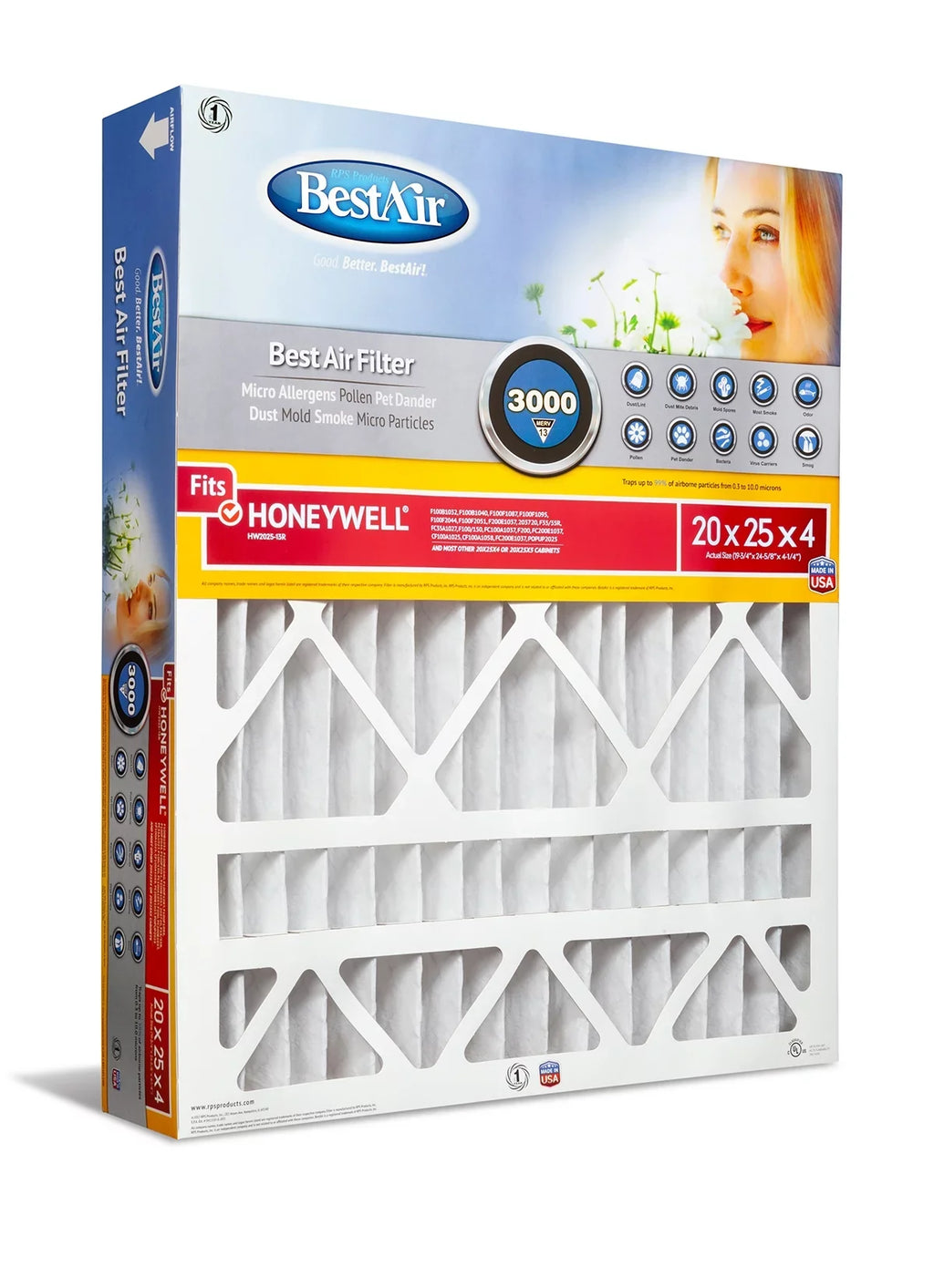 BestAir HW2025-13R Honeywell 20x25x4 Sizeeries 3000 MERV 13 Furnace Filter