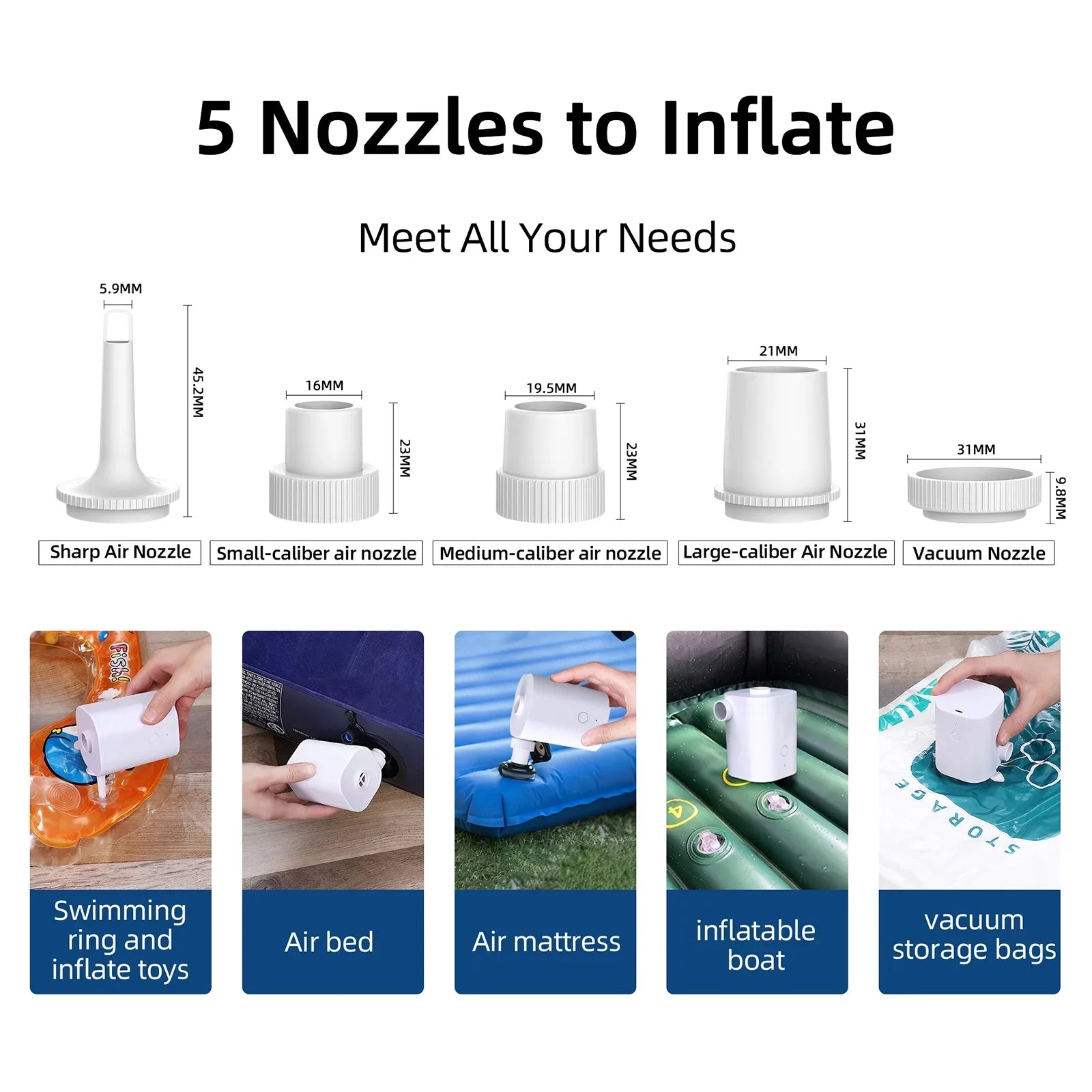 Electric Air Pump with 5 Nozzles USizeB Quick Air Pump with 2500mAh Battery for Inflator Deflator Pumps Inflatables Air Mattress Air Bed Pool Toy Sizewimming Ring