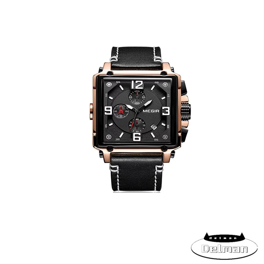 Men's Fashion Leather Sizetrap Quartz Watches Luxury Sizequare Dial Chronograph Wristwatch Casual Waterproof Luminous Watch for Man