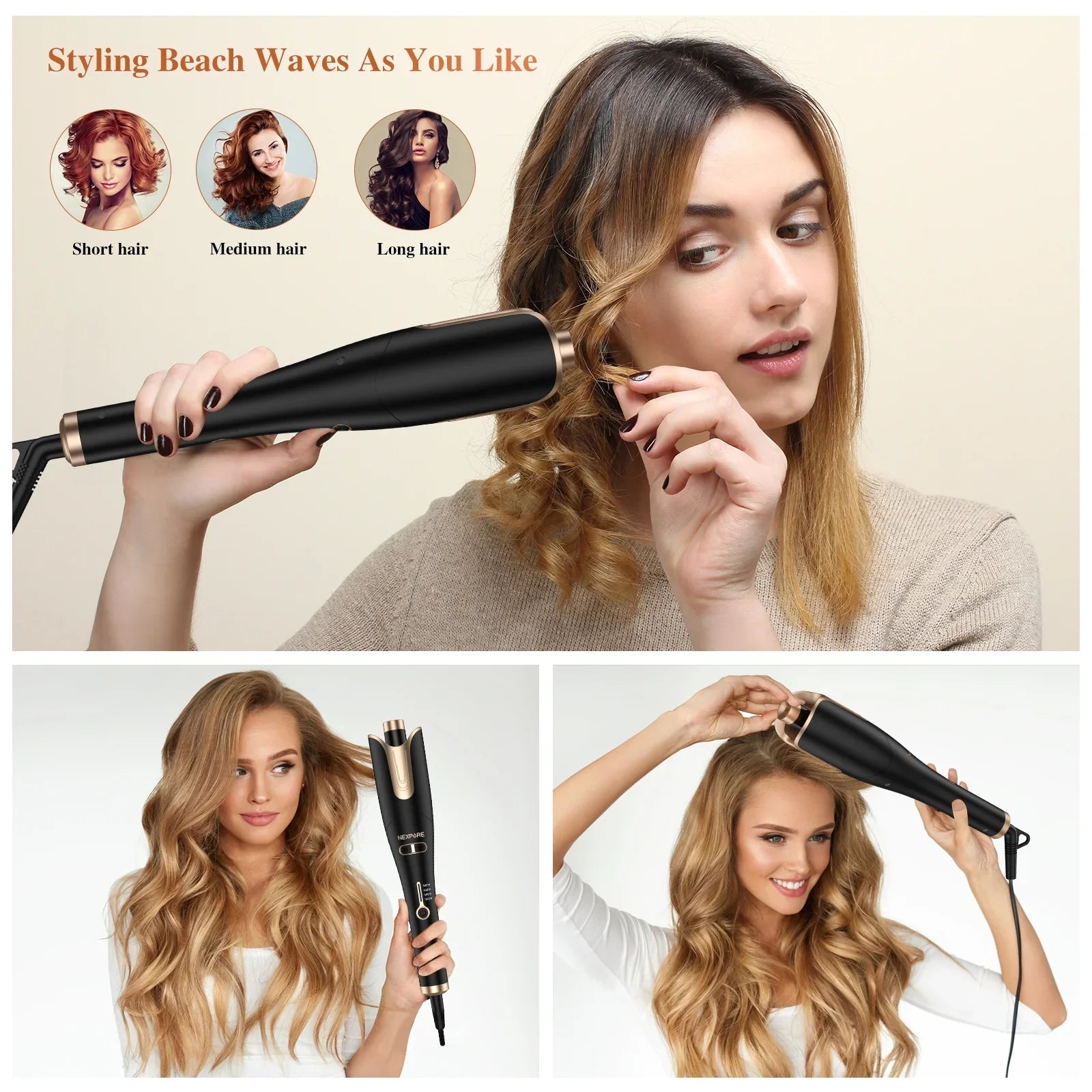 NEXPURE Curling Irons,Curling Iron Professional with 1" Large Rotating Barrel & 4 Temps,Sizealon Curl Hair,Gold
