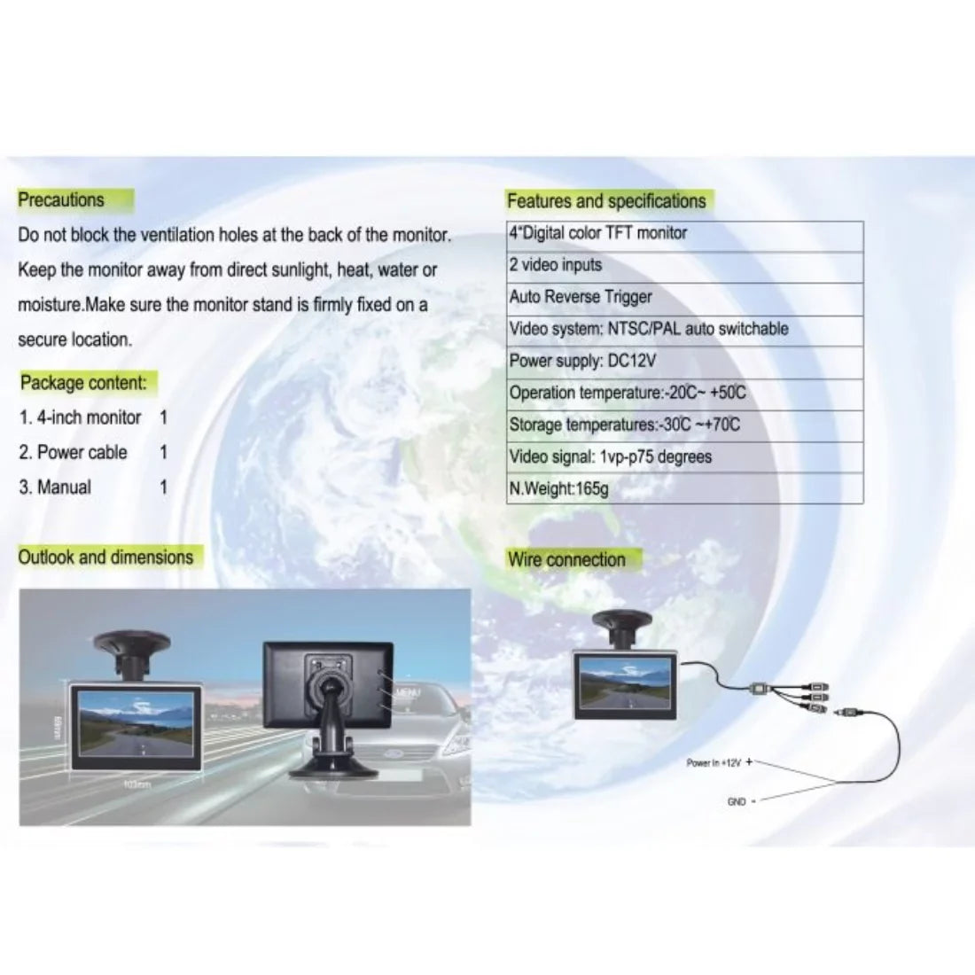 Boyo Vision VTM4000 4" Digital TFT-LCD Back-Up Camera Color Monitor - Dual Mount