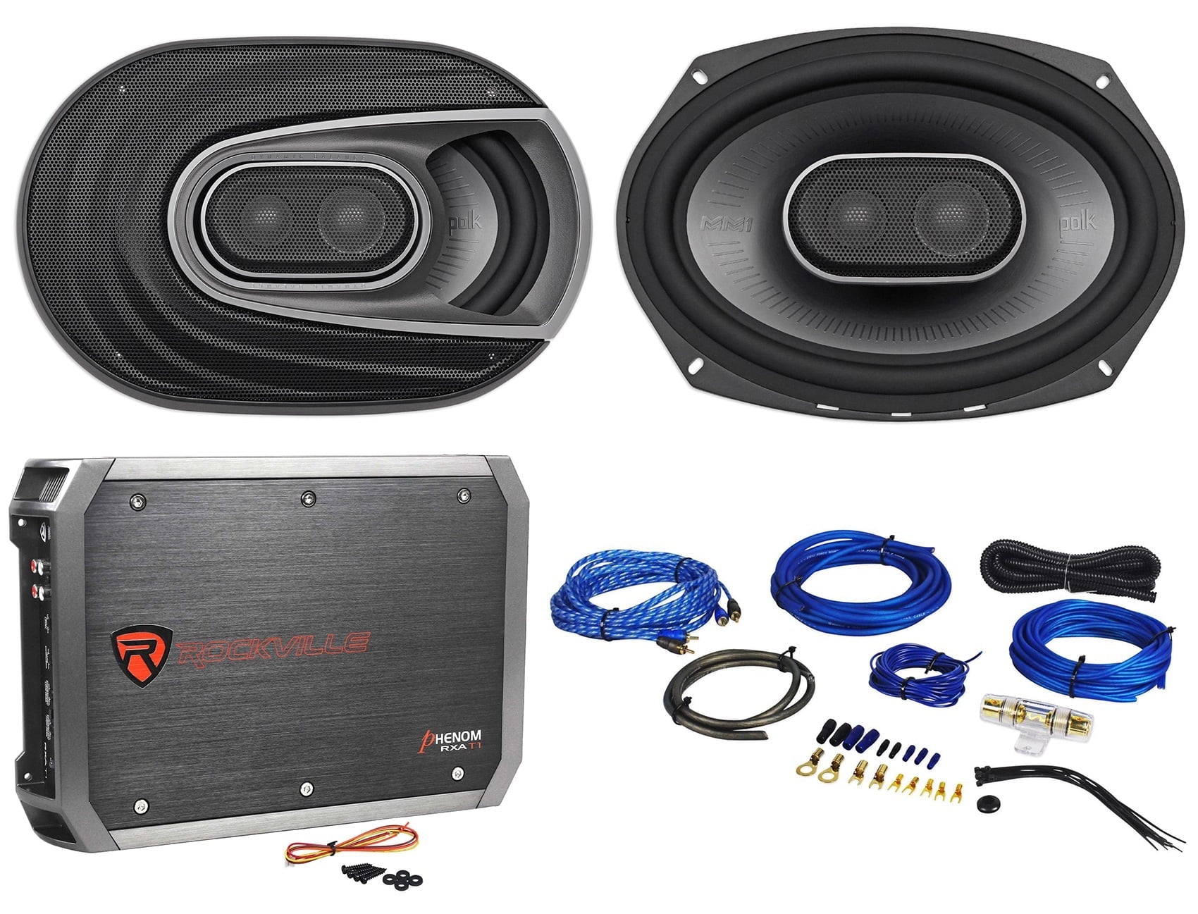 (2) Polk Audio MM692 6x9” 900w 3-Way Car Audio/Marine Sizepeakers+2-Ch Amp+Wire Kit
