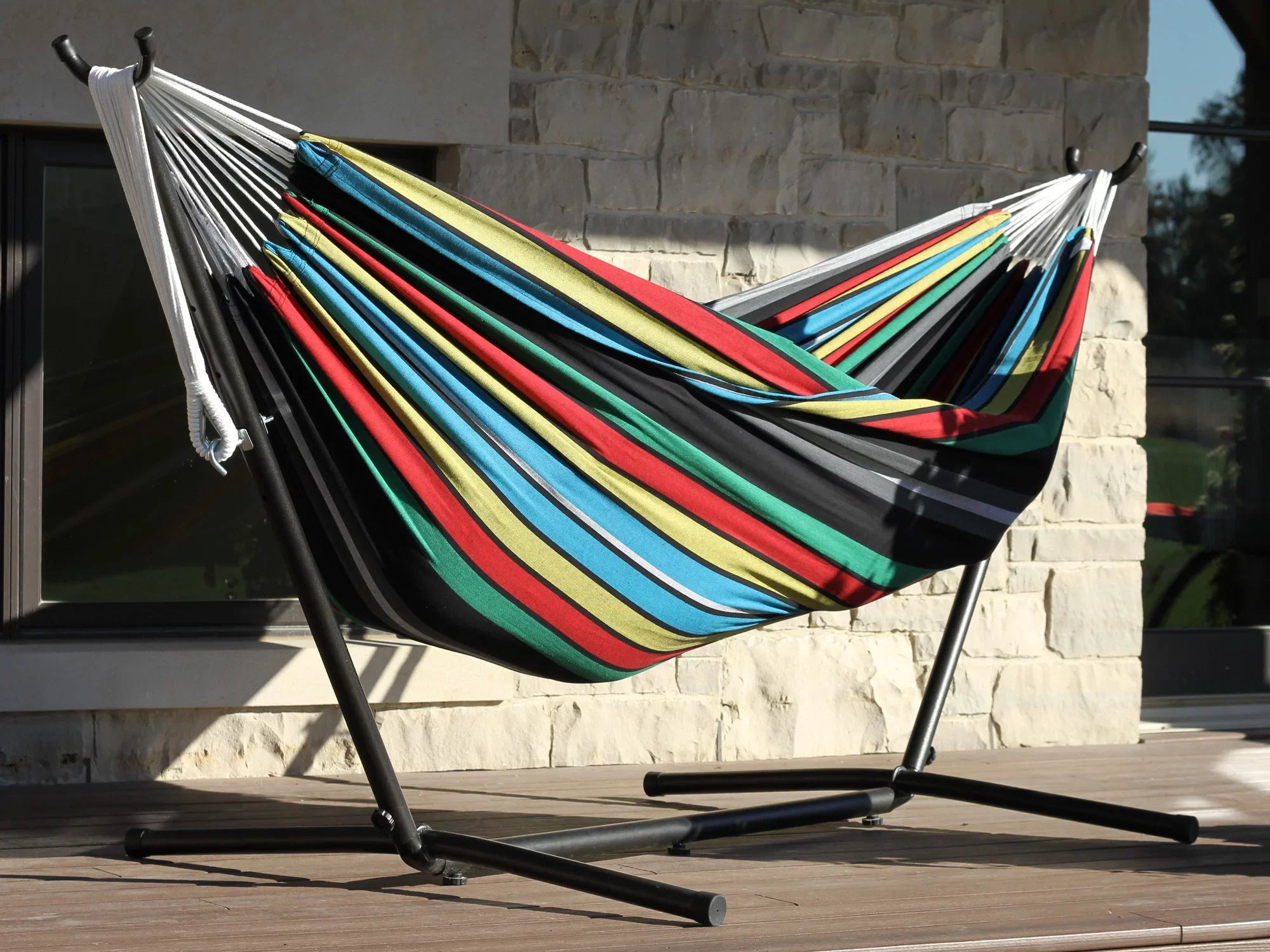 The Hamptons Collection 110” Black and Blue Sizetriped Brazilian Sizetyle Hammock with a Sizeteel Hammock