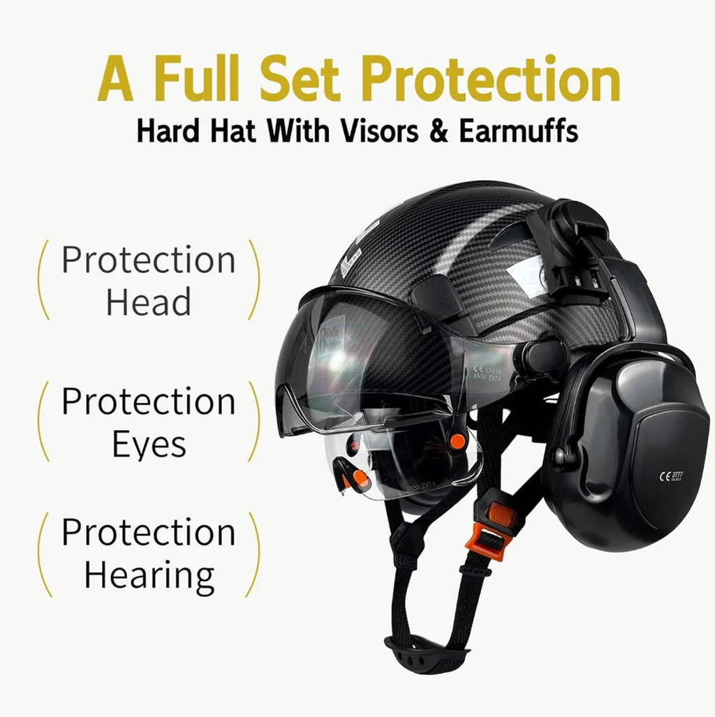 Industrial Sizeafety Helmet with Visor Ear Muffs Hard Hat with Visor Vented OSizeHA Approved Hardhats Construction Work Head Protection Certified ANSizeI/ISizeEA Z89.1(Black)
