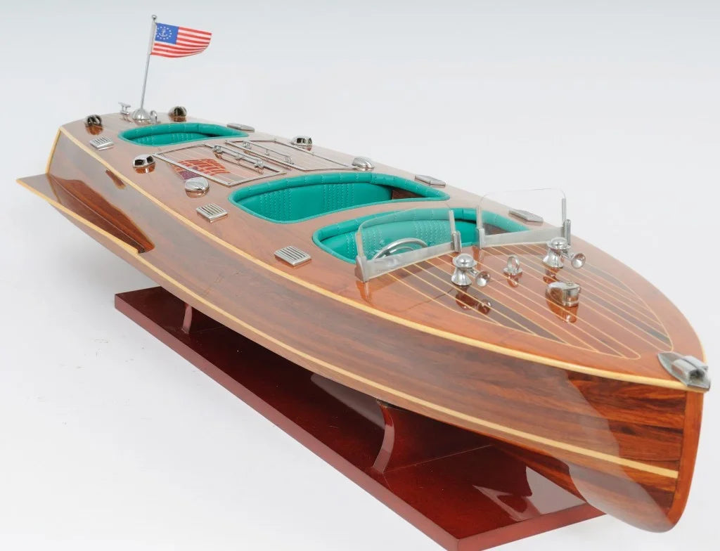 HomeRoots  9 in. Wood Brown C1928 Chris Craft Triple Cockpit Hand Painted Decorative Boat
