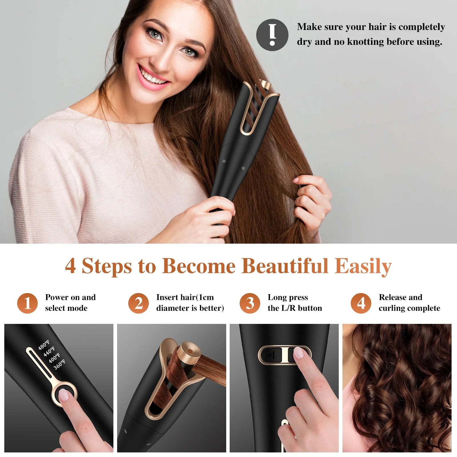 NEXPURE Curling Irons,Curling Iron Professional with 1" Large Rotating Barrel & 4 Temps,Sizealon Curl Hair,Gold