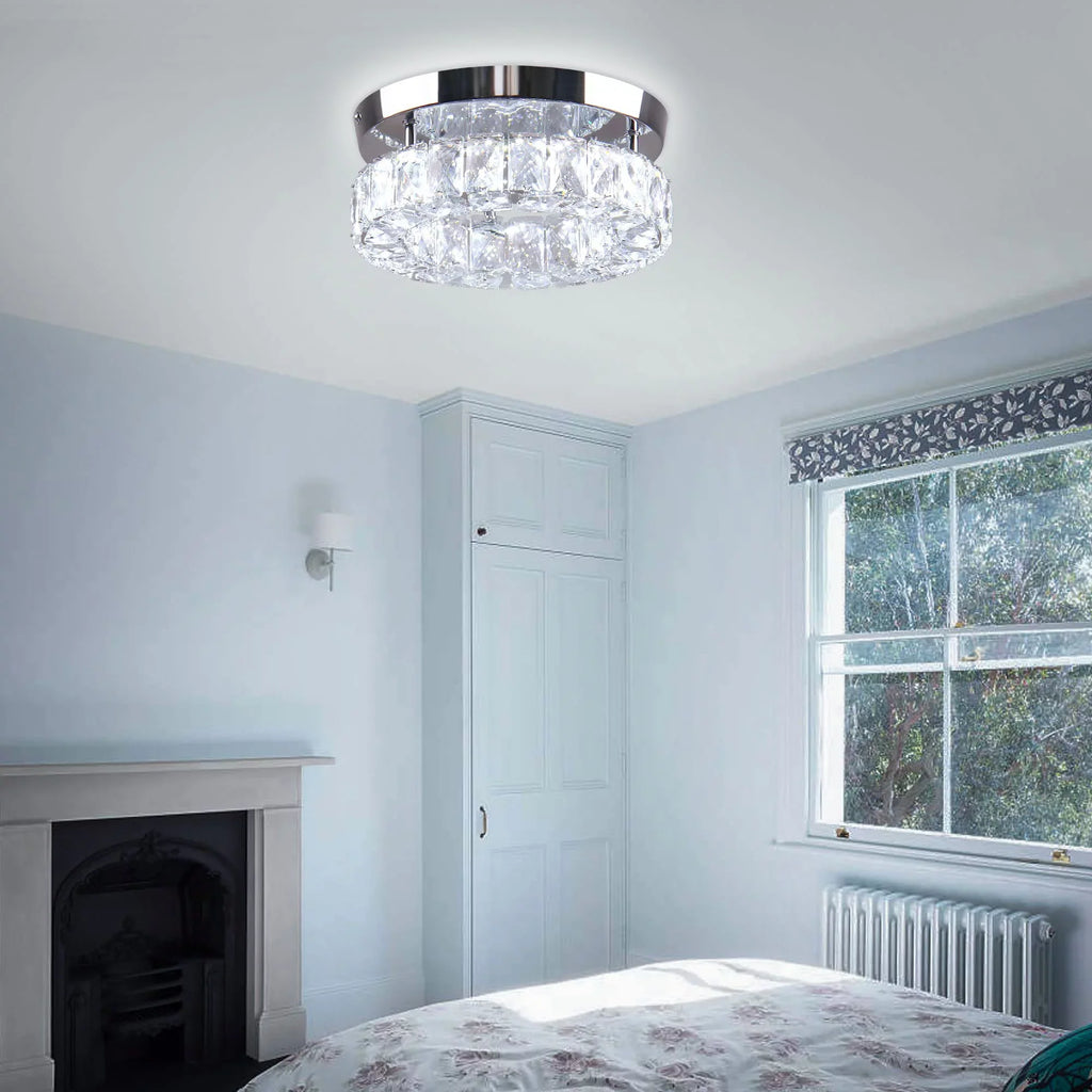 Diisunbihuo 9.8" Crystal Flush Mount Ceiling Light Fixtures LED Round Mini Chandelier Light Fixture Ceiling Lamp for Kitchen Hallway Foyer 15 W 6000K