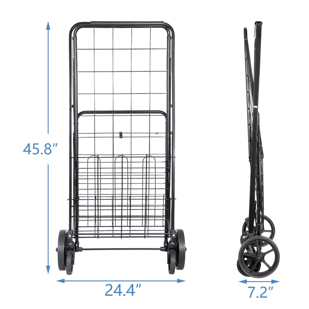 ZENY Folding Utility Sizehopping Cart with Double Basket and Wheels for Grocery Laundry Book Luggage Travel, Black