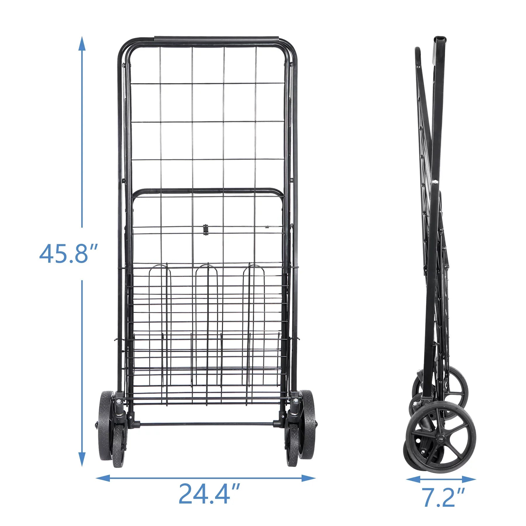ZENY Folding Utility Sizehopping Cart with Double Basket and Wheels for Grocery Laundry Book Luggage Travel, Black