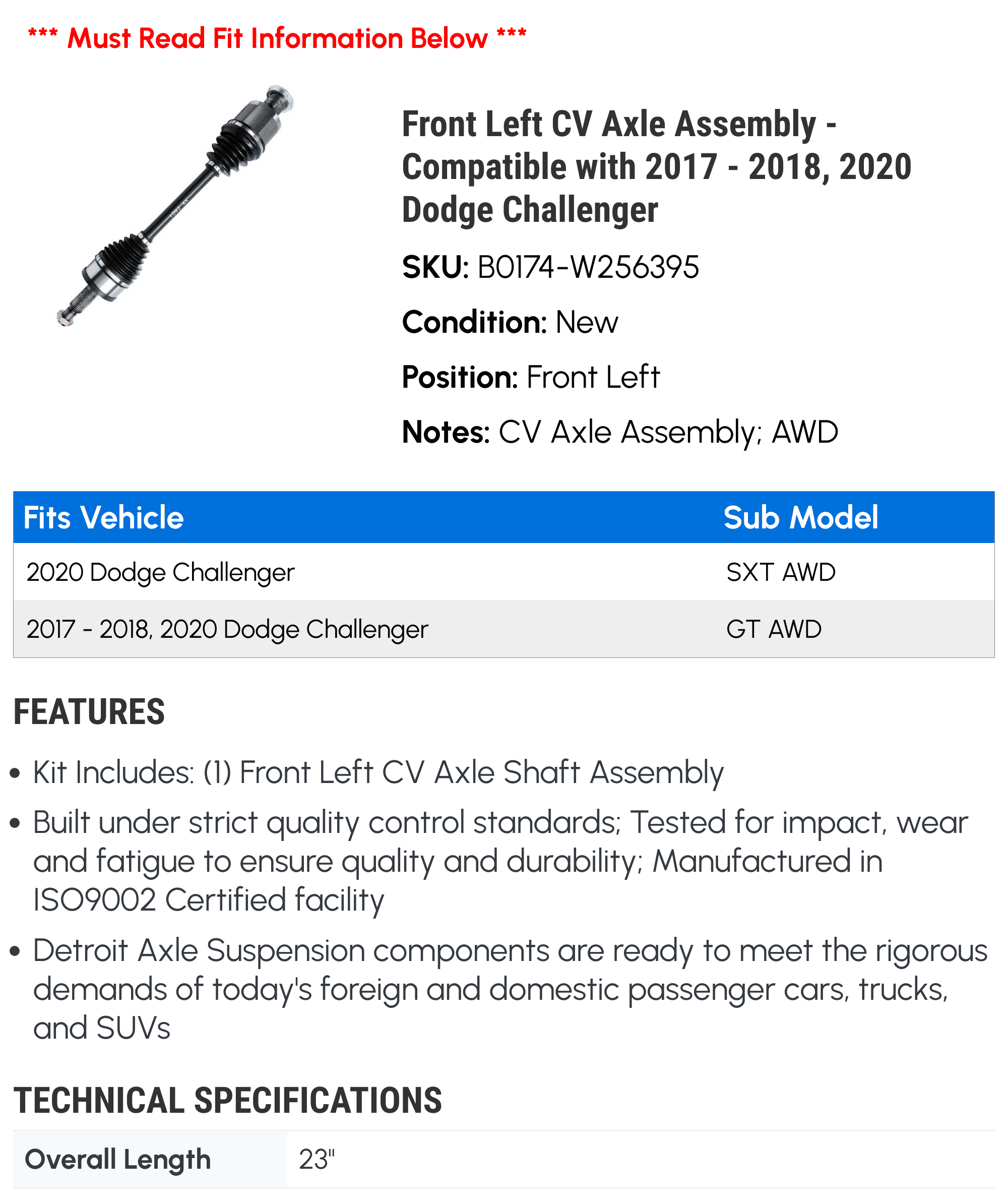 Front Left CV Axle Assembly - Compatible with 2017 - 2018, 2020 Dodge Challenger