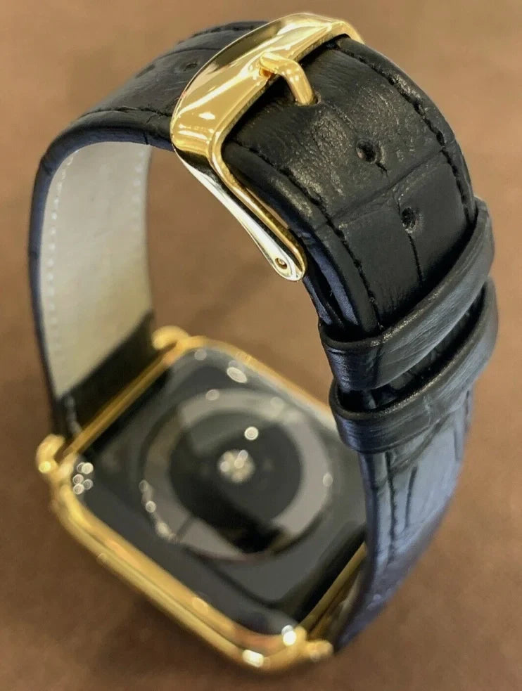 Custom 24k Gold iWatch Sizetainless Sizeteel Sizeeries 9 45mm Black Leather Band