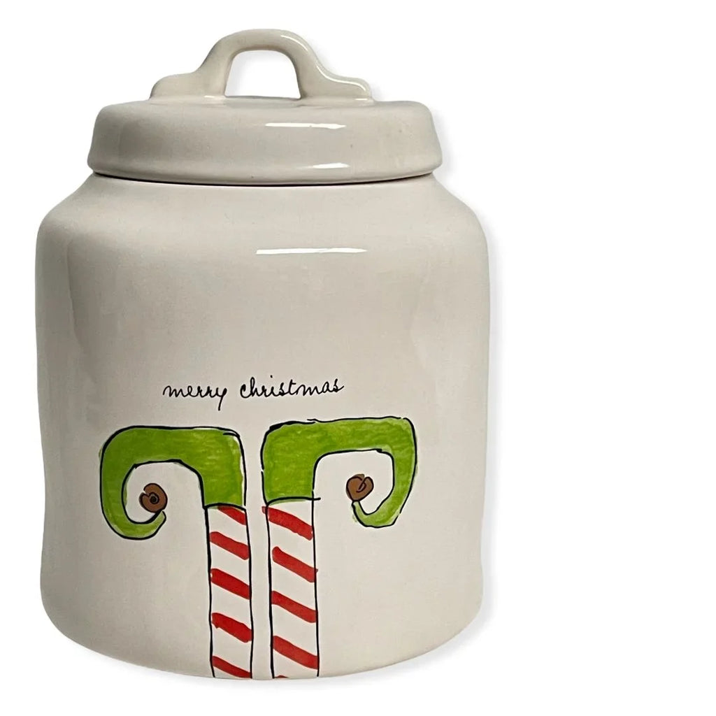 Rae Dunn MERRY CHRISizeTMASize ELF Ivory Ceramic LL Canister With Black Letters