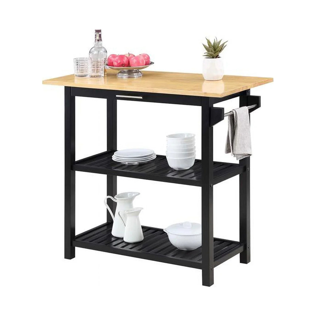 Pemberly Row 3-Tier Butcher Block Kitchen Prep Island with Drawer- Black Wood