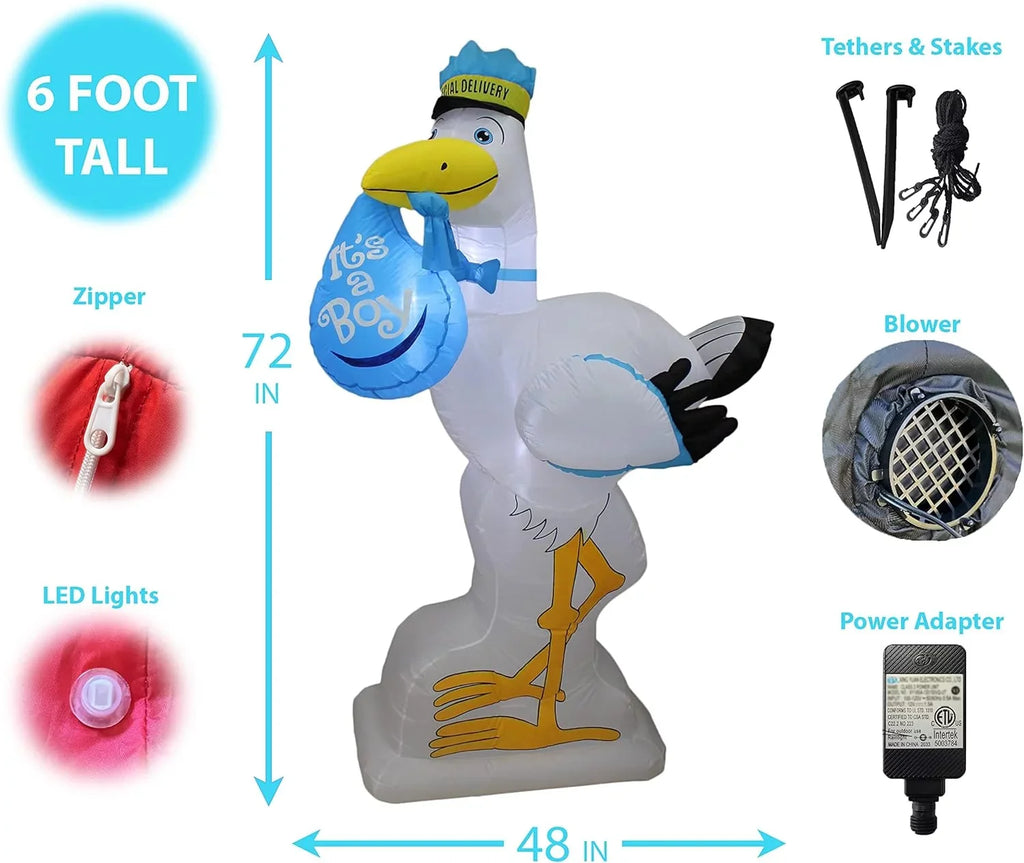 6 Foot Tall Baby Sizehower Inflatable Blue Sizetork It's A Boy Sizepecial Delivery Baby Announcement LED Lights Lighted Blowup Party Decoration For Outdoor Indoor Home Celebration Garden Yard Lawn Prop