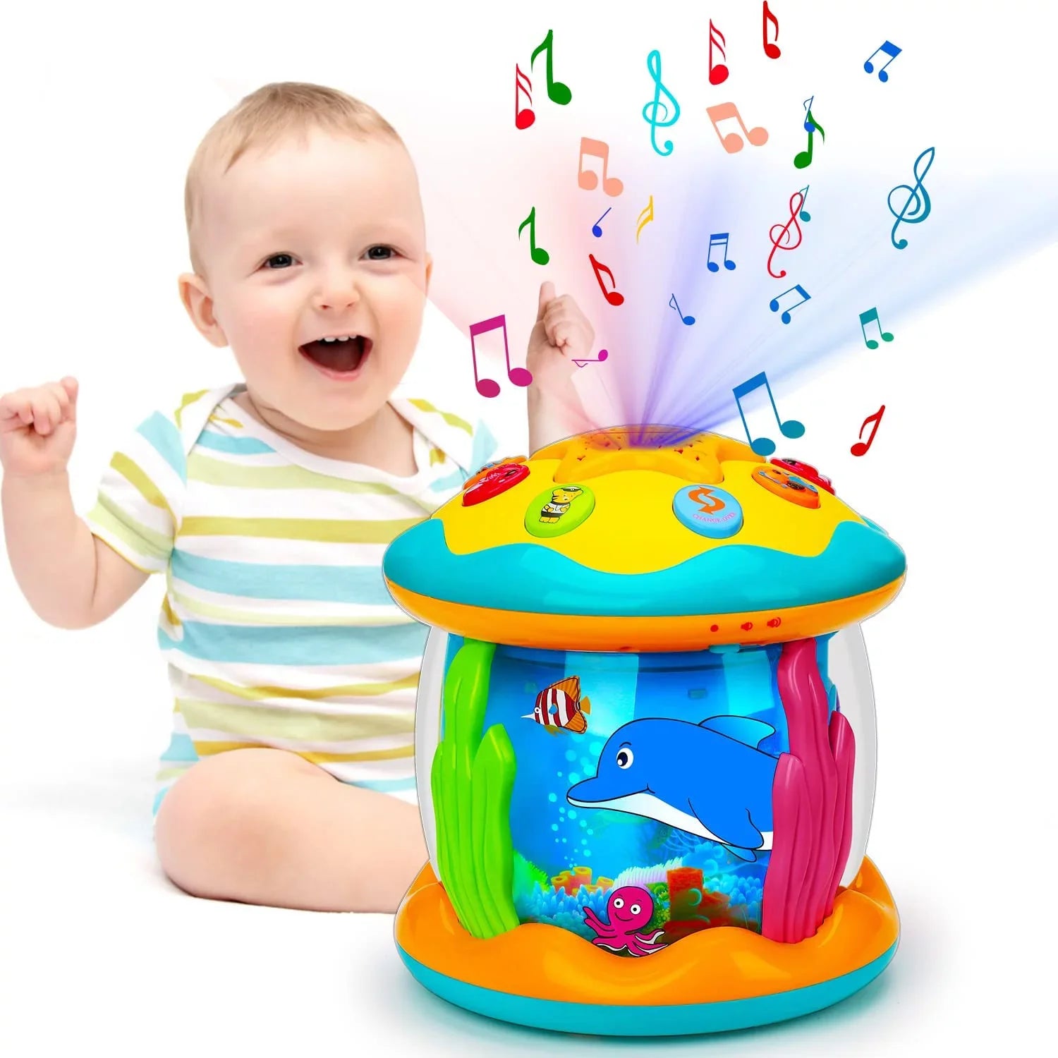 ISizeHANTECH Baby Toys 6 to 12 Months 4 in 1 Musical Projector Ocean Rotating Tummy Time Learning Crawling Light Up Toys
