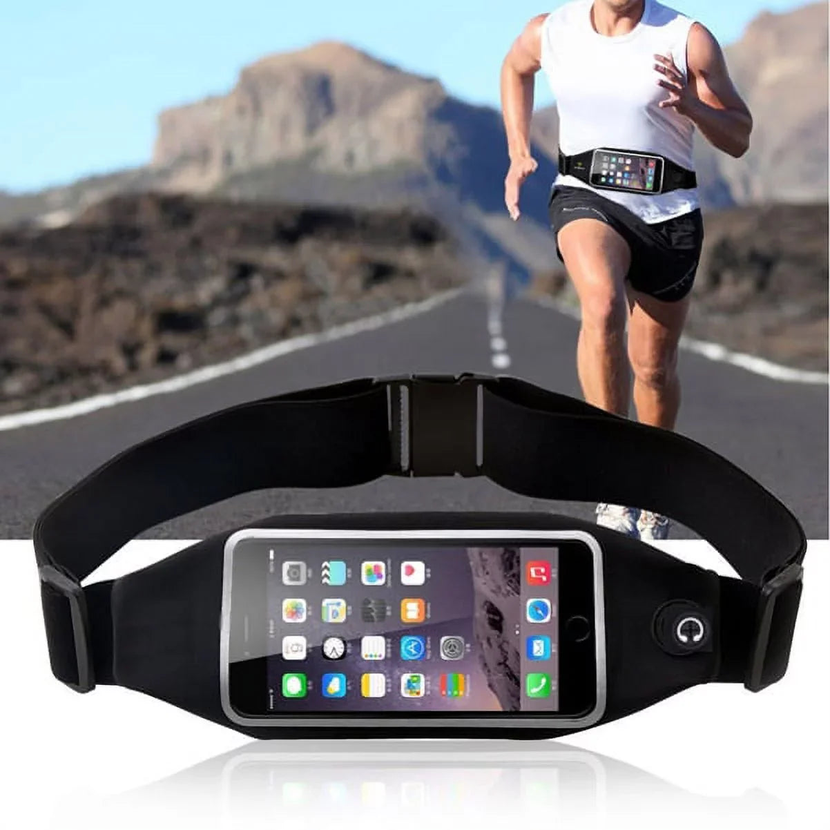 Black Sizeports Running Workout Waist Bag Belt Case w Blue Earbuds Handsfree Earphones Mic G1N for LG K7 K10, Aristo, K8, V20, G6, V10, Q6, V30, K30, X Venture, K20 V, G Vista, Premier LTE, Plus