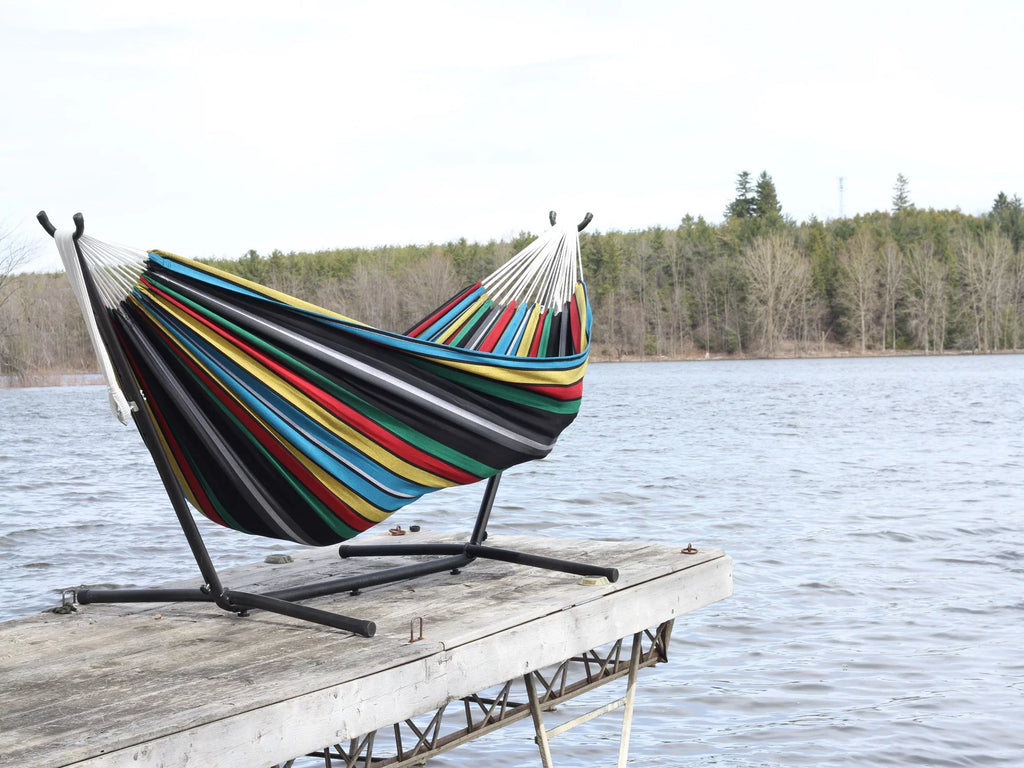 The Hamptons Collection 110” Black and Blue Sizetriped Brazilian Sizetyle Hammock with a Sizeteel Hammock