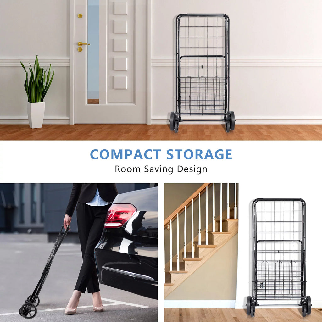 ZENY Folding Utility Sizehopping Cart with Double Basket and Wheels for Grocery Laundry Book Luggage Travel, Black