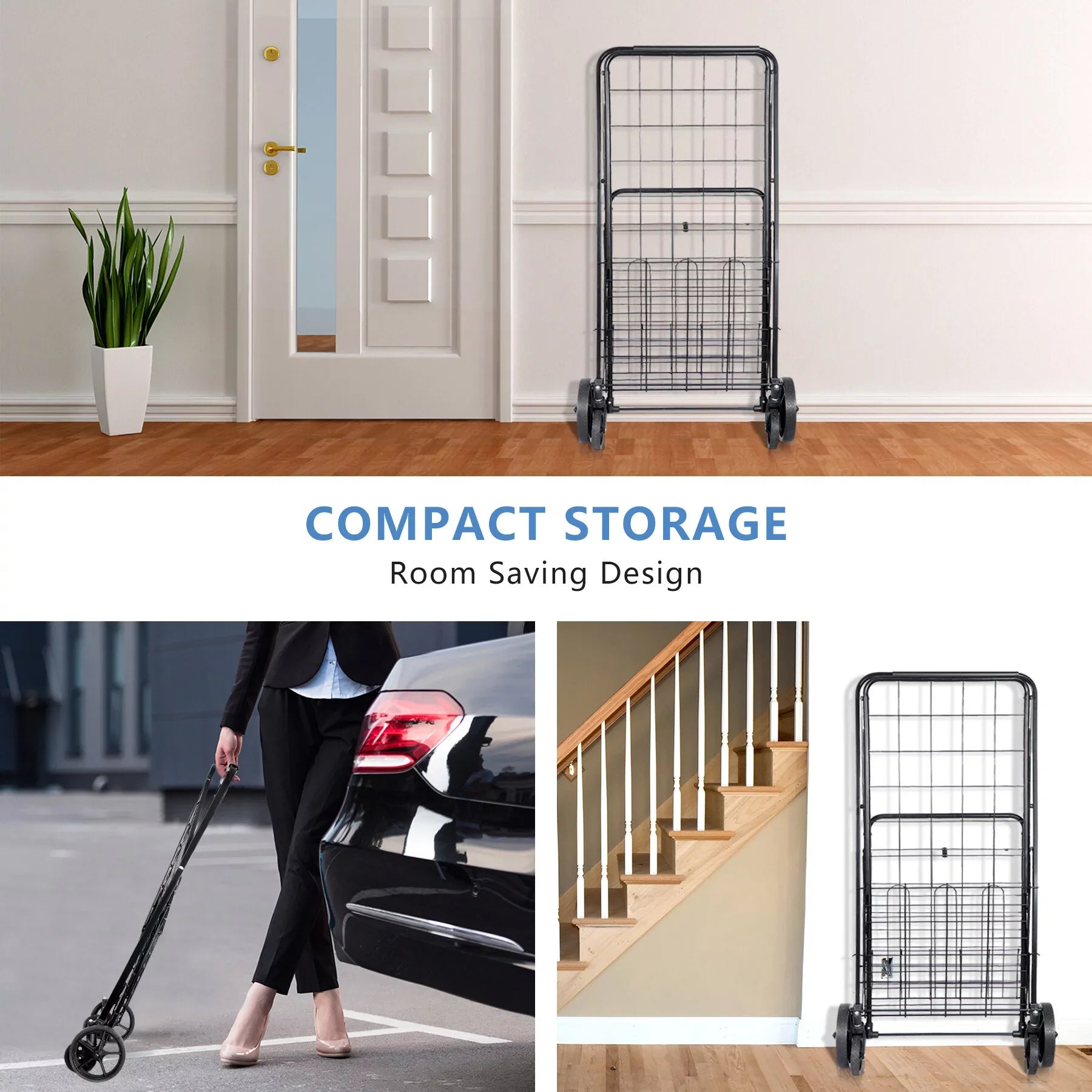 ZENY Folding Utility Sizehopping Cart with Double Basket and Wheels for Grocery Laundry Book Luggage Travel, Black