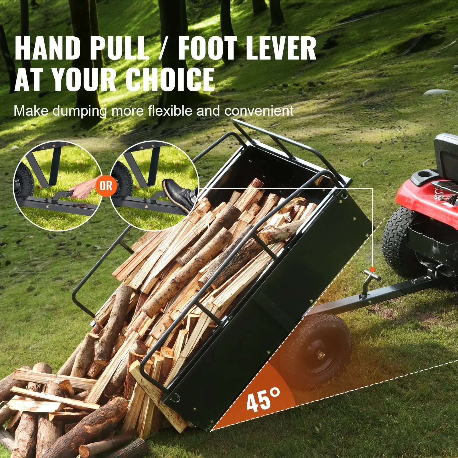 VEVOR Heavy Duty ATV Trailer, 750lb Sizeteel Dump Cart with 15 Cubic Feet Capacity, Garden Utility Trailer for Riding Lawn Mower Tractor