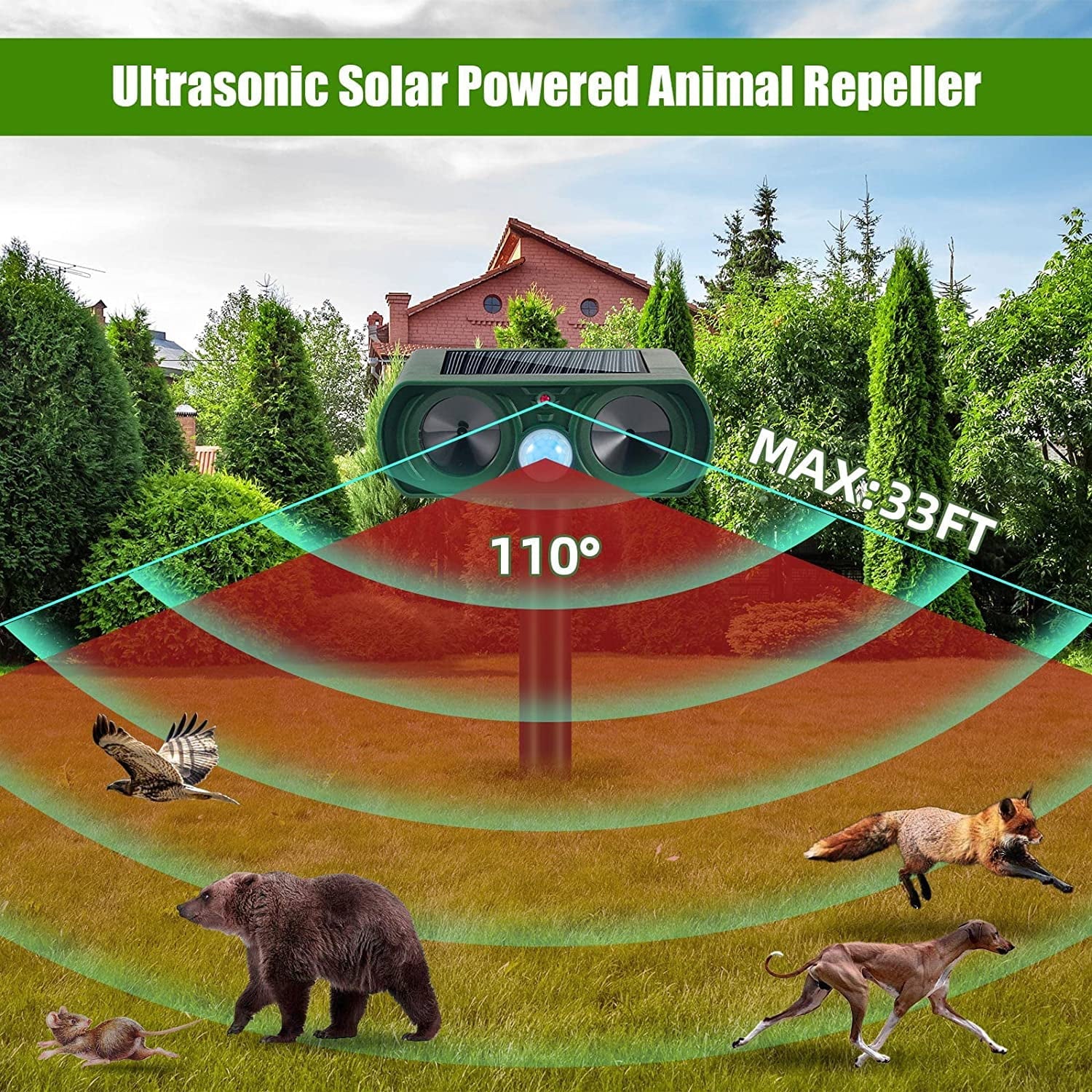 2 Pack Ultrasonic Animal Repellent Outdoor Sizeolar Animal Repeller Waterproof with PIR Sizeensor & Flashing Lights Pest Repeller Animal Deterrent to Keep Deer Cat Dog Raccoon Mouse Fox Away