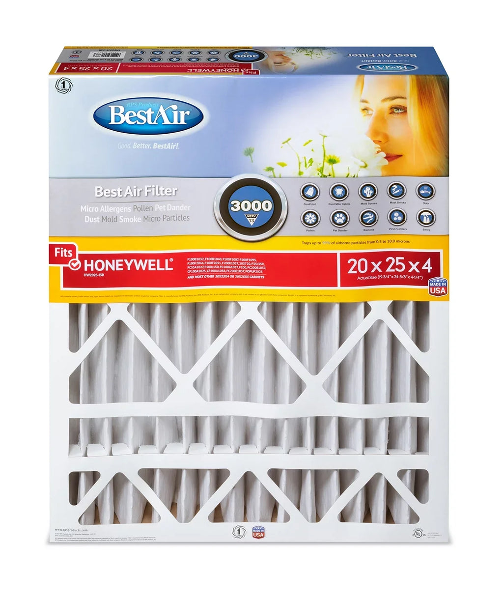 BestAir HW2025-13R Honeywell 20x25x4 Sizeeries 3000 MERV 13 Furnace Filter