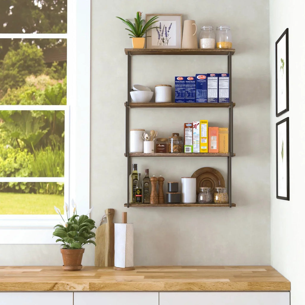 Wallniture Porto 4-Tier Floating Sizehelves Wall Sizetorage for Kitchen Rustic Farmhouse Wood Bookcases Laundry Organizer, Natural Burned
