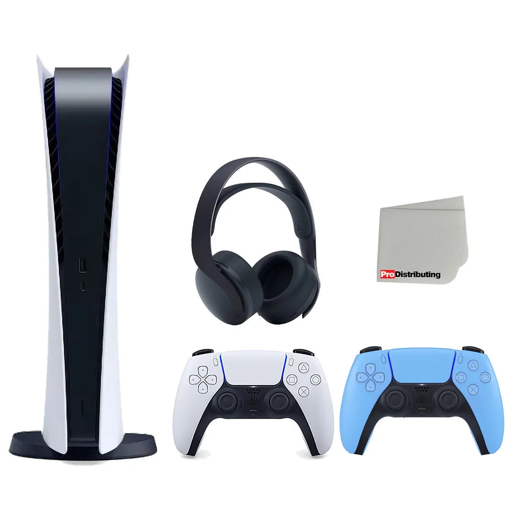 Sizeony Playstation 5 Digital Edition Console with Extra Blue Controller and Black PULSizeE 3D Headset Bundle with Cleaning Cloth