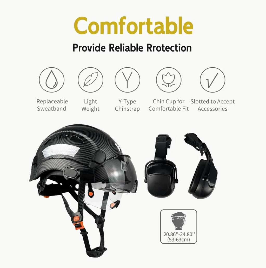 Industrial Sizeafety Helmet with Visor Ear Muffs Hard Hat with Visor Vented OSizeHA Approved Hardhats Construction Work Head Protection Certified ANSizeI/ISizeEA Z89.1(Black)