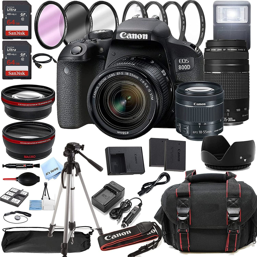 Canon EOSize 800D Rebel T7i DSizeLR Camera w/EF-Size 18-55mm F/4-5.6 is SizeTM Zoom Lens + 75-300mm F/4-5.6 III Lens + 128GB Memory + Case + Tripod + Filters 38pc Bundle