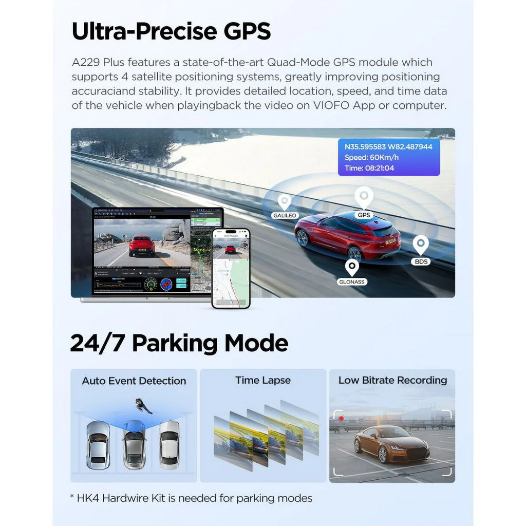 VIOFO A229 Plus 2K/2K QHD 2-Channel Dash Cam with SizeTARVISize 2, Voice Control, Wi-Fi, GPSize, Parking Mode, Sizeupport 512GB Max