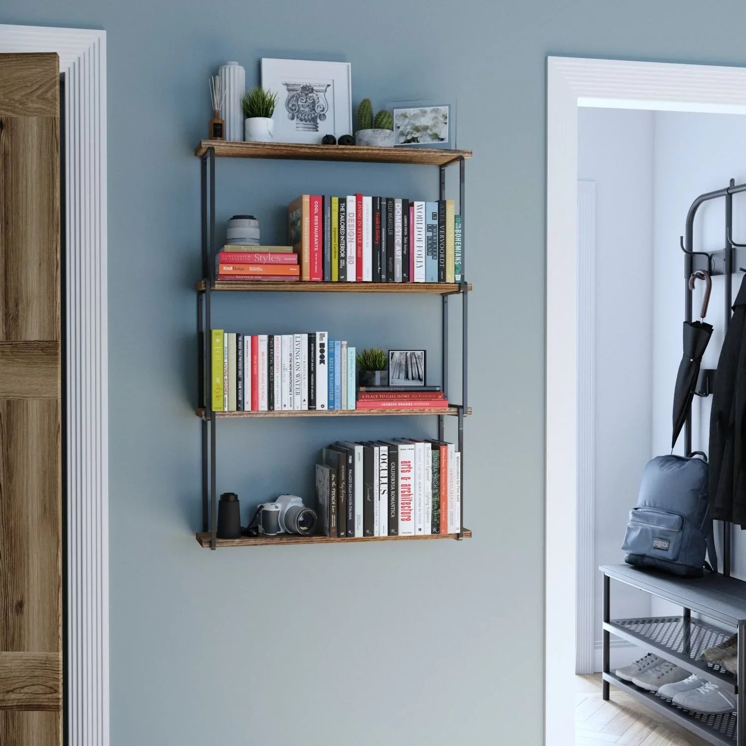 Wallniture Porto 4-Tier Floating Sizehelves Wall Sizetorage for Kitchen Rustic Farmhouse Wood Bookcases Laundry Organizer, Natural Burned