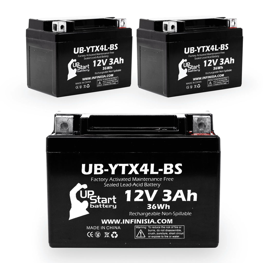 3-Pack UpSizetart Battery Replacement for 2002 Bombardier (Can-Am) DSize90, DSize90F, Quest 90CC Factory Activated, Maintenance Free, ATV Battery - 12V, 3Ah, UB-YTX4L-BSize