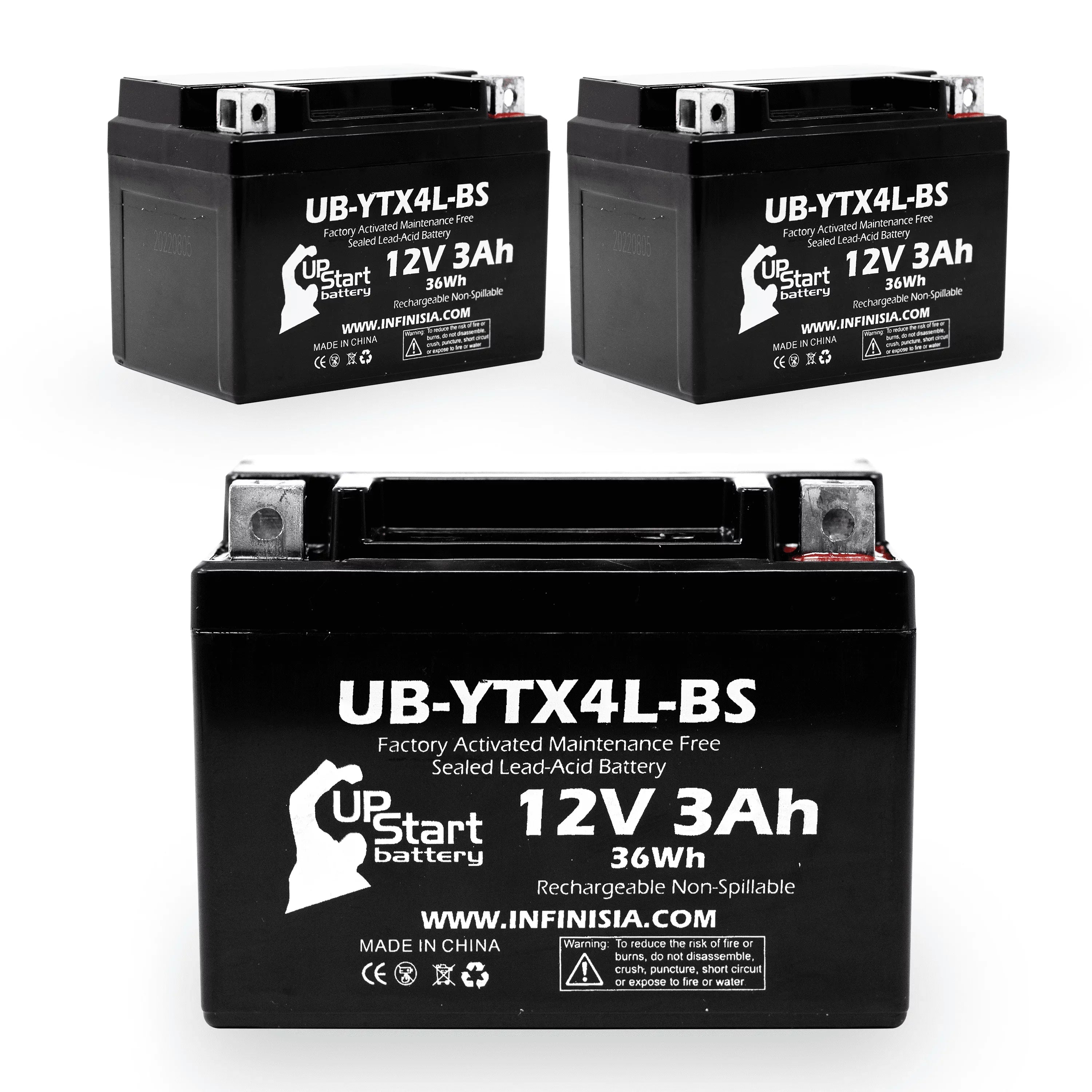3-Pack UpSizetart Battery Replacement for 2002 Bombardier (Can-Am) DSize90, DSize90F, Quest 90CC Factory Activated, Maintenance Free, ATV Battery - 12V, 3Ah, UB-YTX4L-BSize