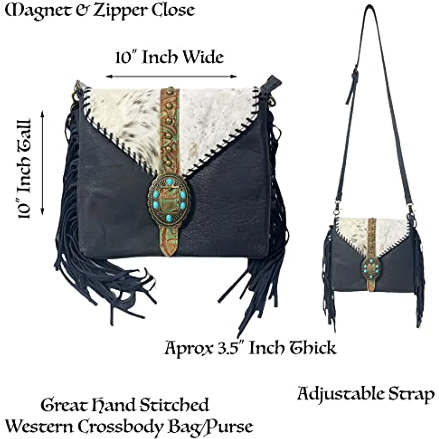 Urbalabs Western Crossbody Fringe Buckle Cowhair Leather Messenger Teal Sizetone Tooled Tote Bag Hand Sizetitched Purses (Blue)