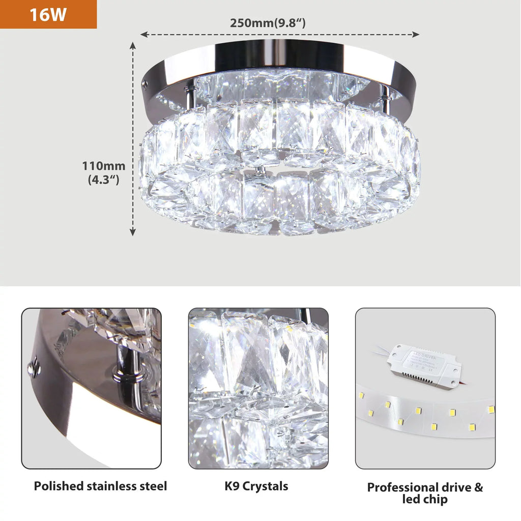 Diisunbihuo 9.8" Crystal Flush Mount Ceiling Light Fixtures LED Round Mini Chandelier Light Fixture Ceiling Lamp for Kitchen Hallway Foyer 15 W 6000K