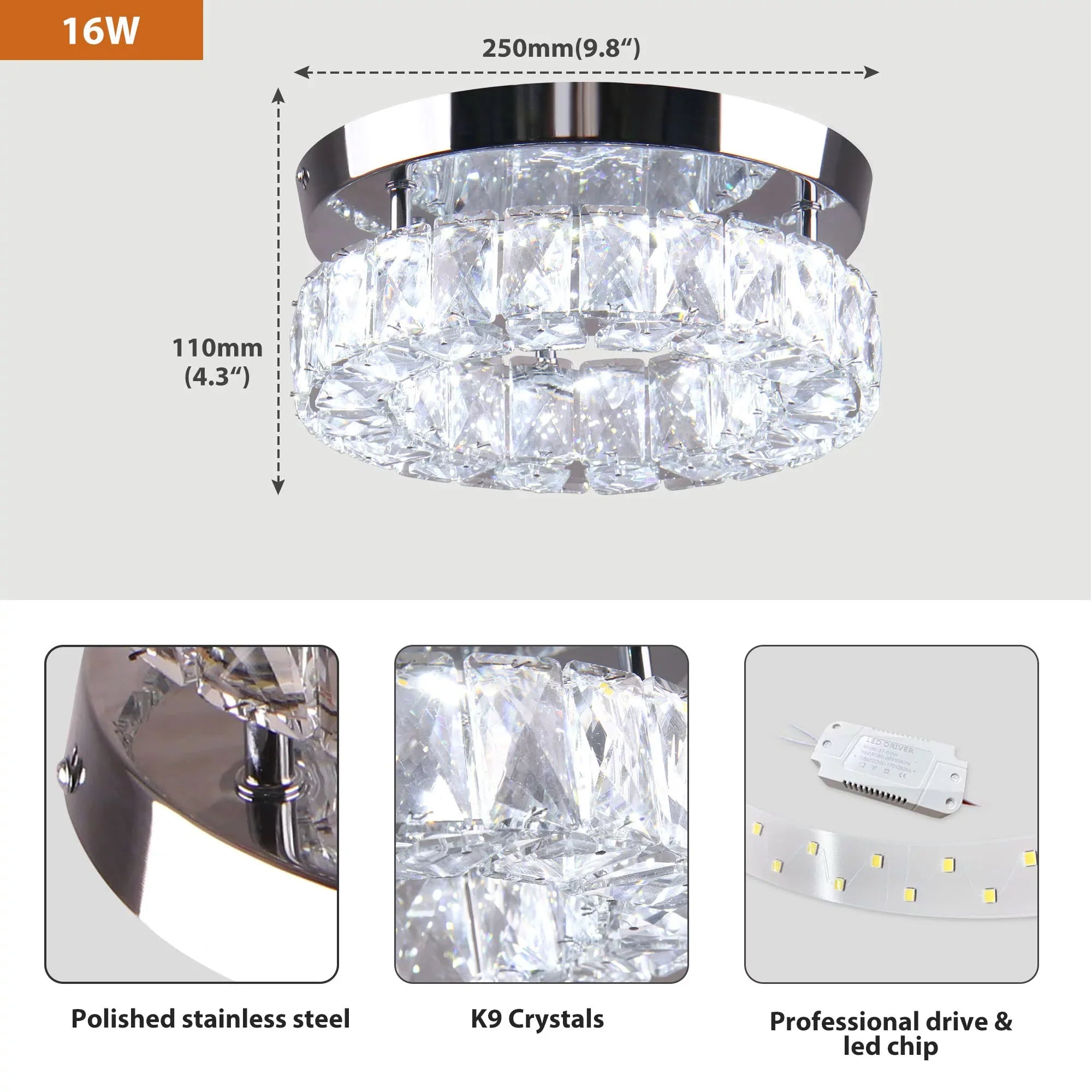 Diisunbihuo 9.8" Crystal Flush Mount Ceiling Light Fixtures LED Round Mini Chandelier Light Fixture Ceiling Lamp for Kitchen Hallway Foyer 15 W 6000K