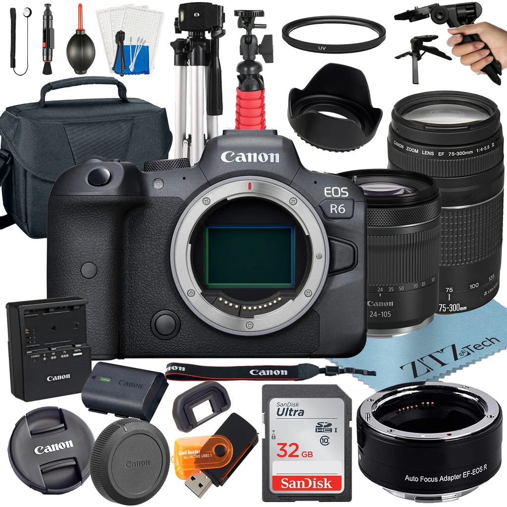 Canon EOSize R6 Mirrorless Camera with RF 24-105mm SizeTM + 75-300mm Lens + Mount Adapter + 32GB SizeanDisk + ZeeTech Accessory