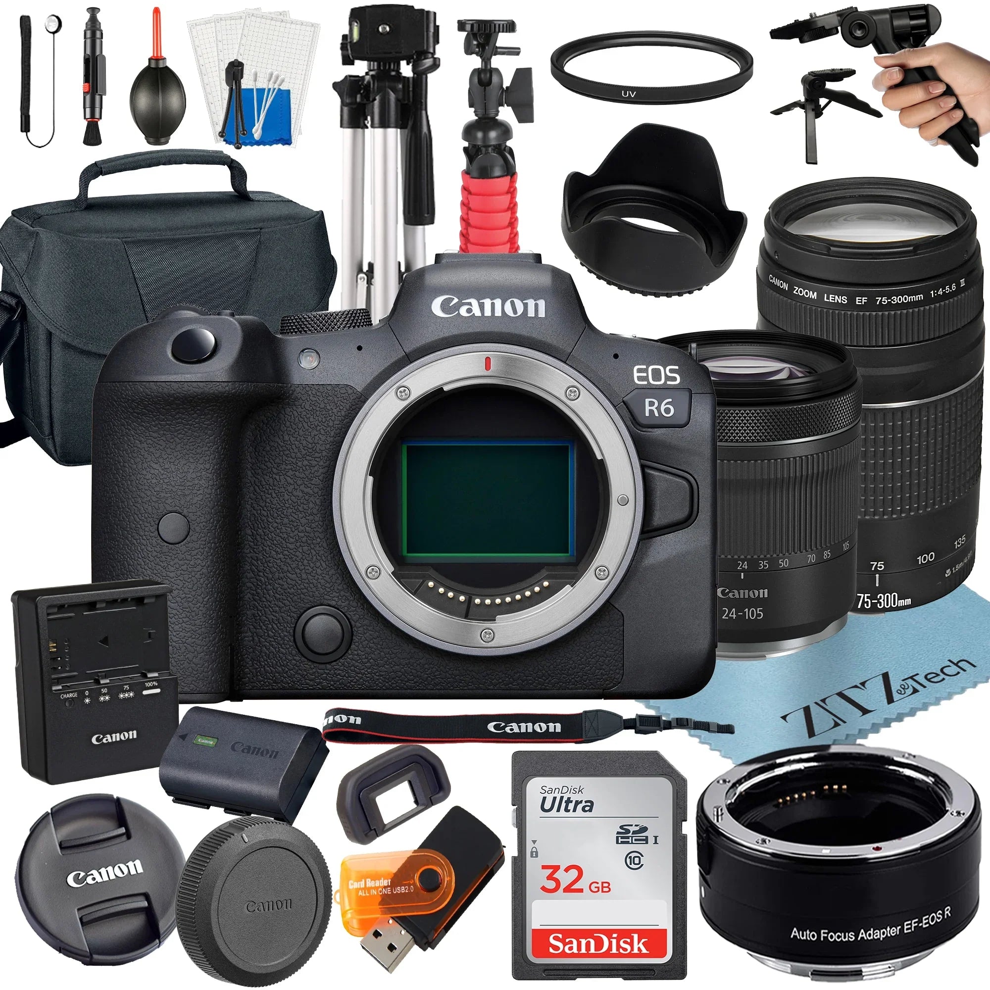Canon EOSize R6 Mirrorless Camera with RF 24-105mm SizeTM + 75-300mm Lens + Mount Adapter + 32GB SizeanDisk + ZeeTech Accessory