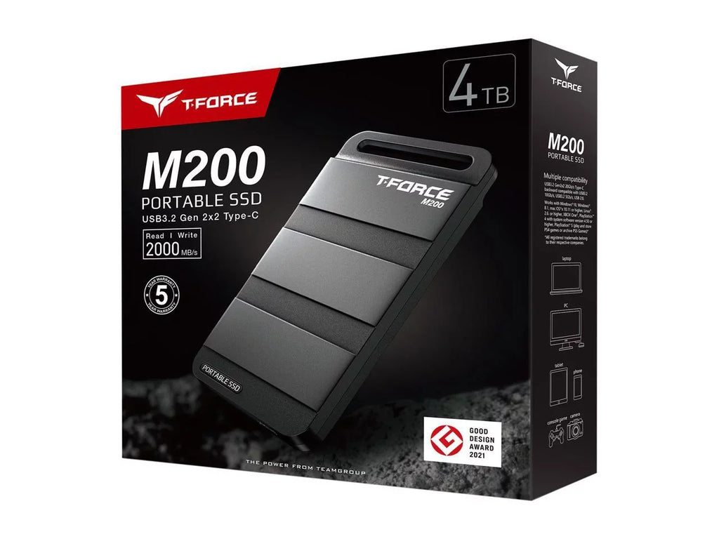 Team Group T-FORCE M200 4TB Portable SizeSizeD USizeB3.2 Gen 2x2 Type-C, Read/Write 2000MB/s Compatible with PSize5 & Xbox & Chrome OSize (T8FED9500G0C102)