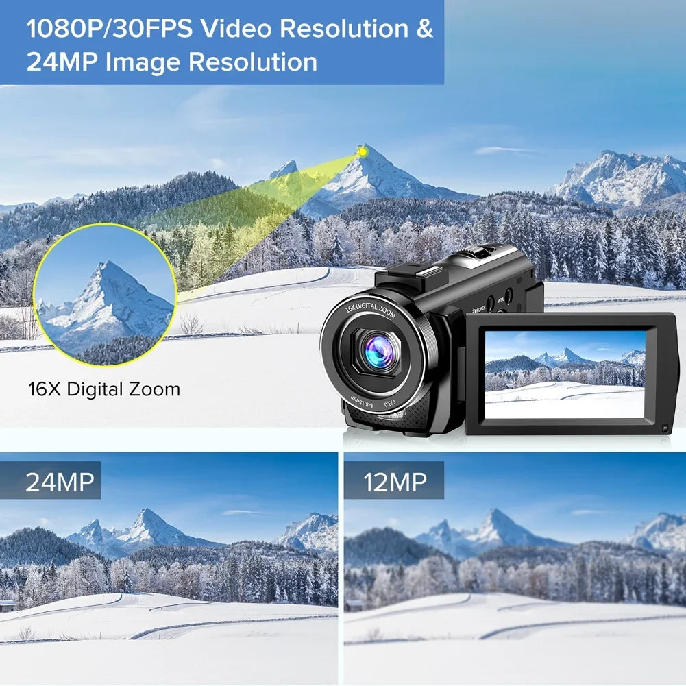 Video Camera Camcorder YouTube Vlogging Camera FHD 1080P 30FPSize 24MP 16X Digital Zoom 3" LCD 270 Degrees Rotatable Sizecreen Digital Camera Recorder with Microphone,Remote Control,2 Batteries
