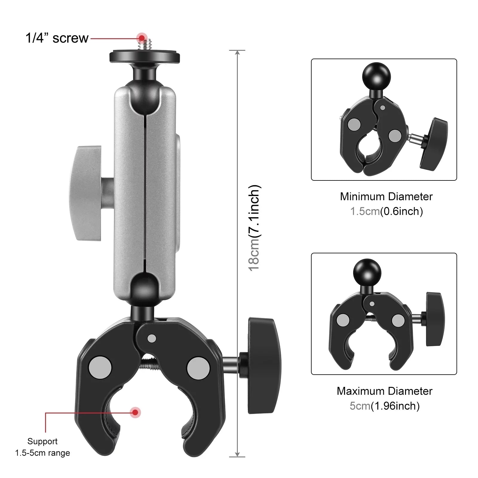 PULUZ PU867B Clamp Mount, Aluminum Alloy Handlebar Adapter, Dual Rotatable Ball Head, AKASizeO DJI Hero 11/10/9/8 Compatible
