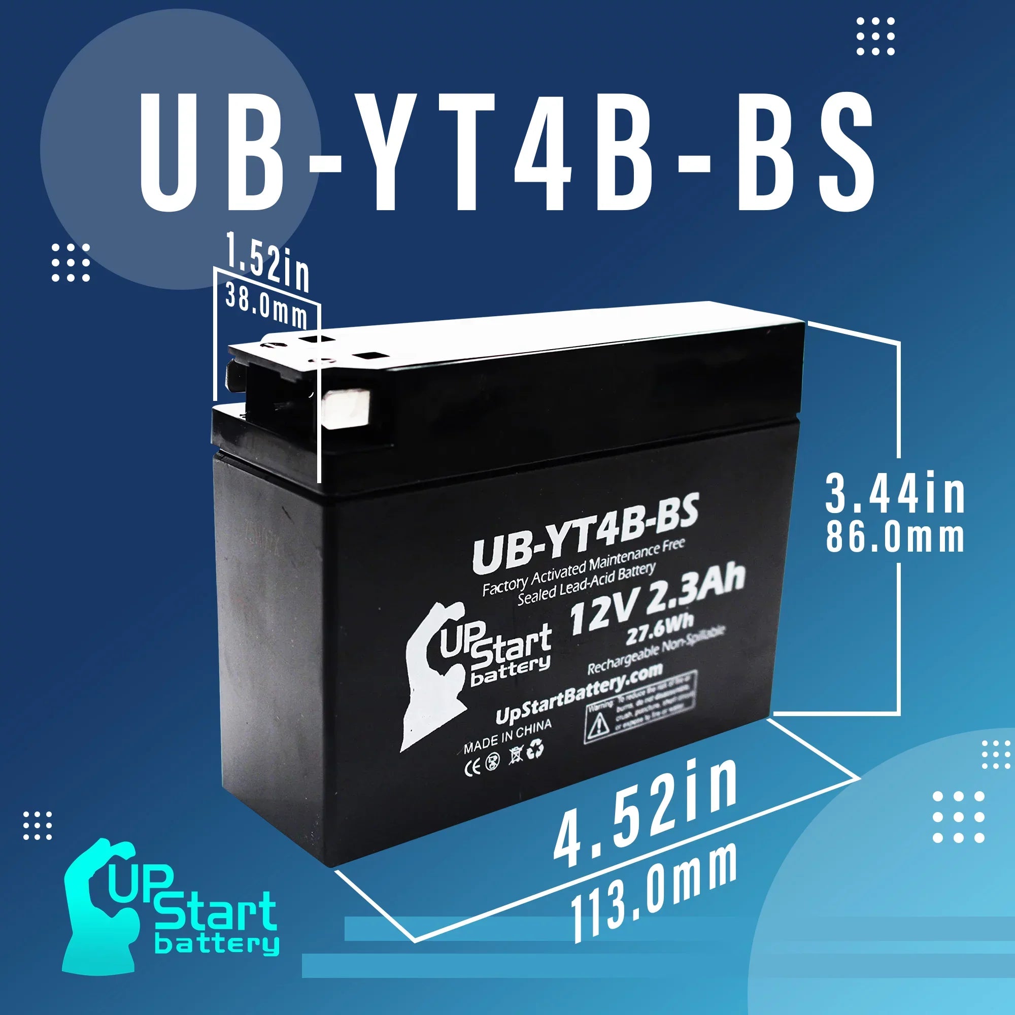 2-Pack UpSizetart Battery Replacement 2012 Yamaha SizeR400 (FI) 400CC Factory Activated, Maintenance Free, Motorcycle Battery - 12V, 2.3Ah, UB-YT4B-BSize