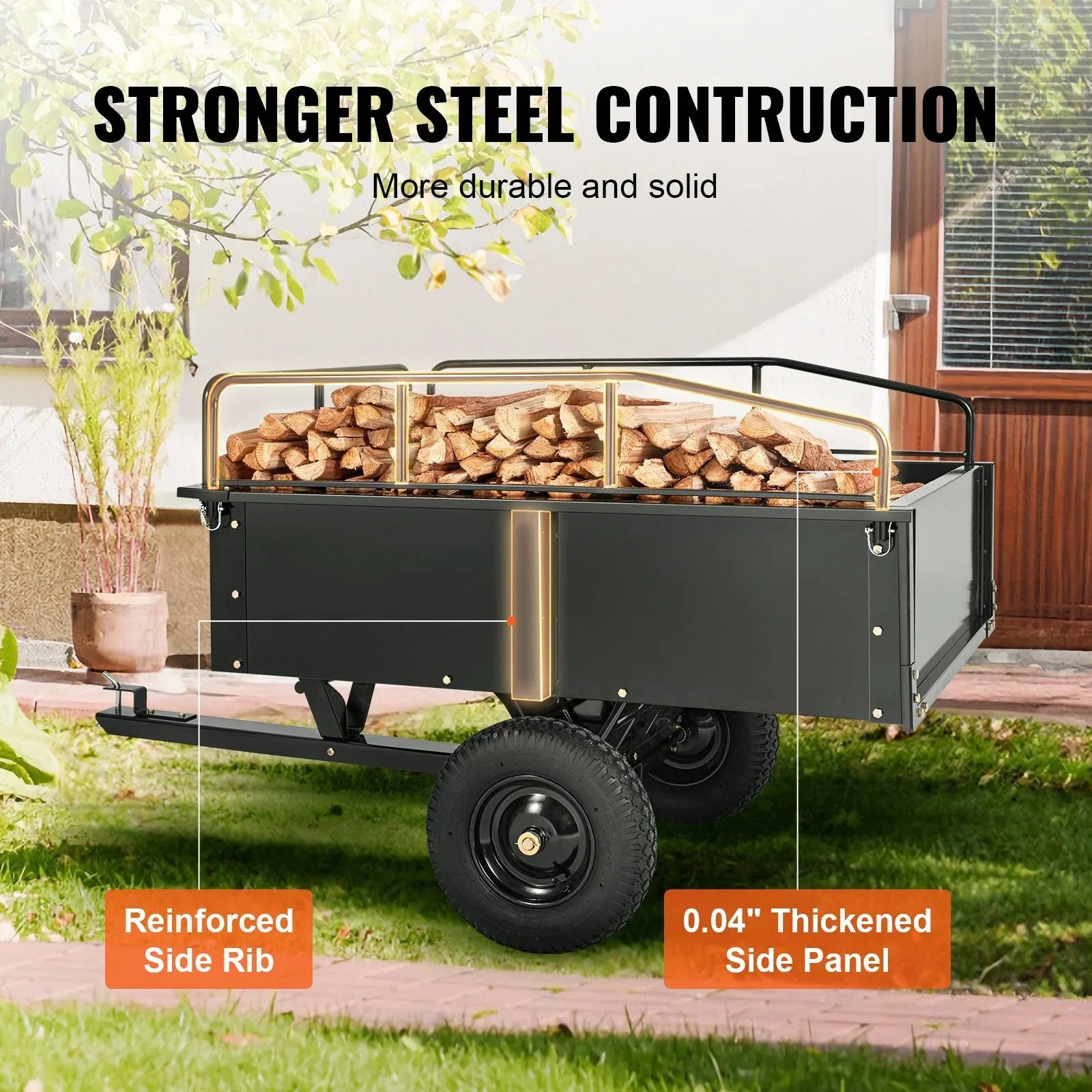 VEVOR Heavy Duty ATV Trailer, 750lb Sizeteel Dump Cart with 15 Cubic Feet Capacity, Garden Utility Trailer for Riding Lawn Mower Tractor