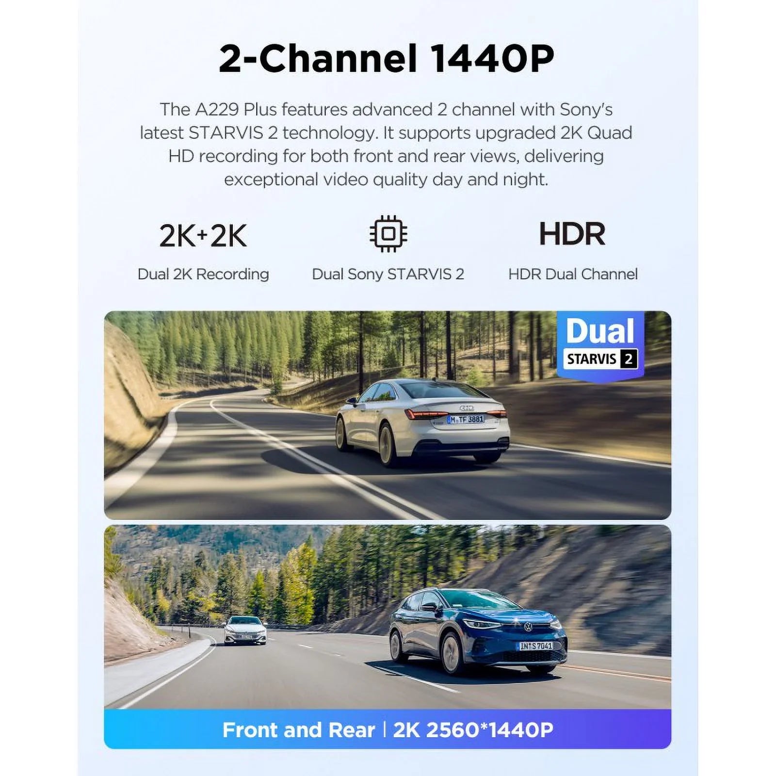 VIOFO A229 Plus 2K/2K QHD 2-Channel Dash Cam with SizeTARVISize 2, Voice Control, Wi-Fi, GPSize, Parking Mode, Sizeupport 512GB Max