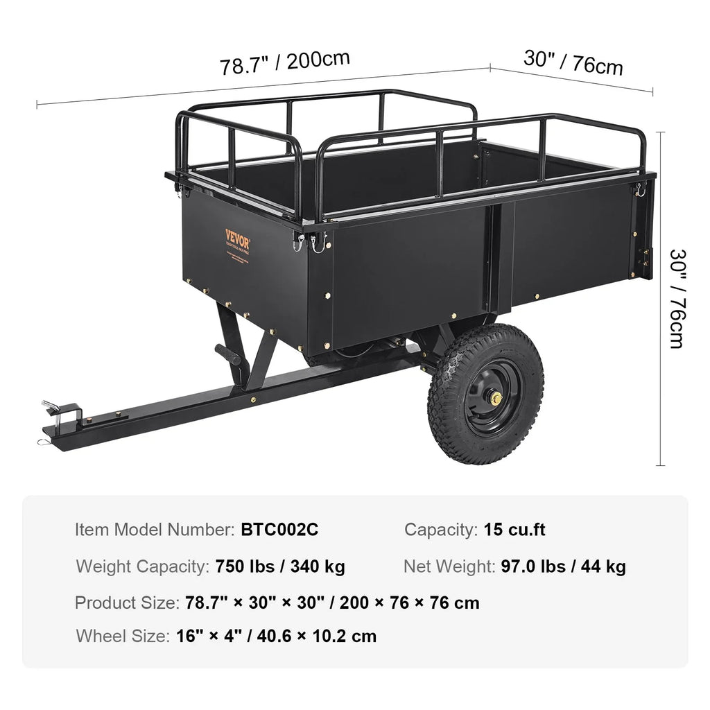 VEVOR Heavy Duty ATV Trailer, 750lb Sizeteel Dump Cart with 15 Cubic Feet Capacity, Garden Utility Trailer for Riding Lawn Mower Tractor