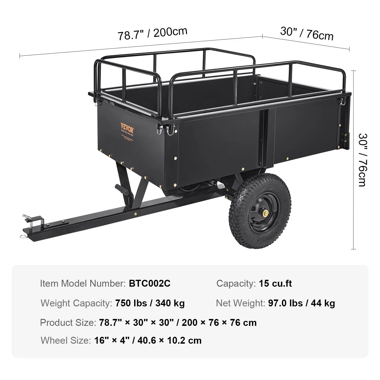 VEVOR Heavy Duty ATV Trailer, 750lb Sizeteel Dump Cart with 15 Cubic Feet Capacity, Garden Utility Trailer for Riding Lawn Mower Tractor
