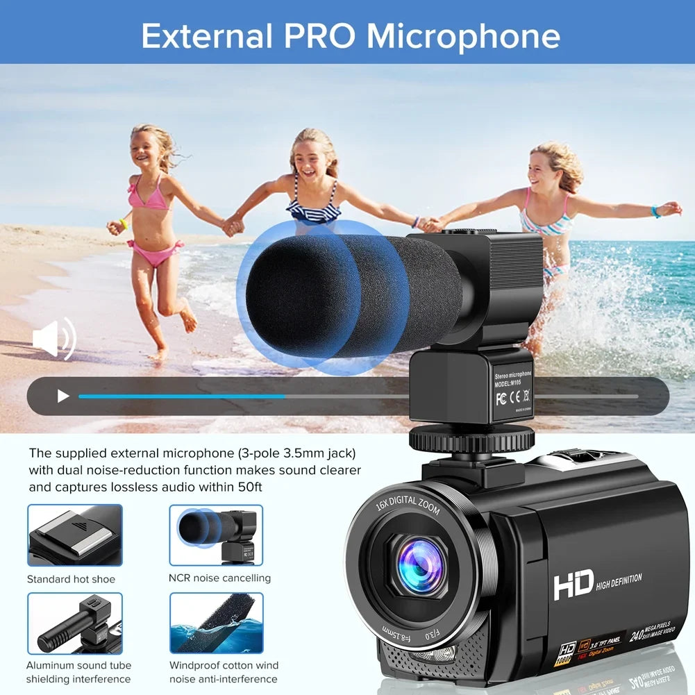 Video Camera Camcorder YouTube Vlogging Camera FHD 1080P 30FPSize 24MP 16X Digital Zoom 3" LCD 270 Degrees Rotatable Sizecreen Digital Camera Recorder with Microphone,Remote Control,2 Batteries