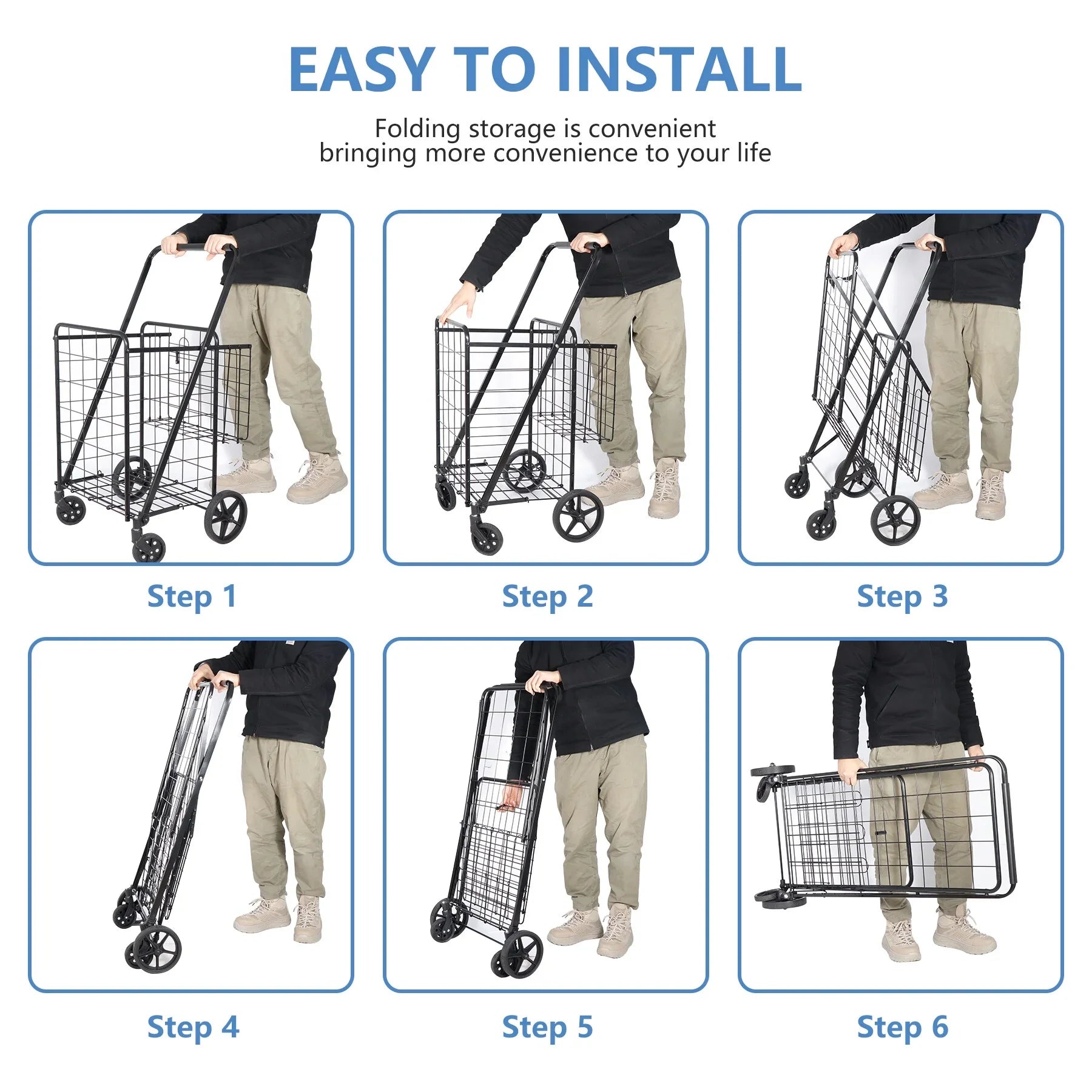 ZENY Folding Utility Sizehopping Cart with Double Basket and Wheels for Grocery Laundry Book Luggage Travel, Black