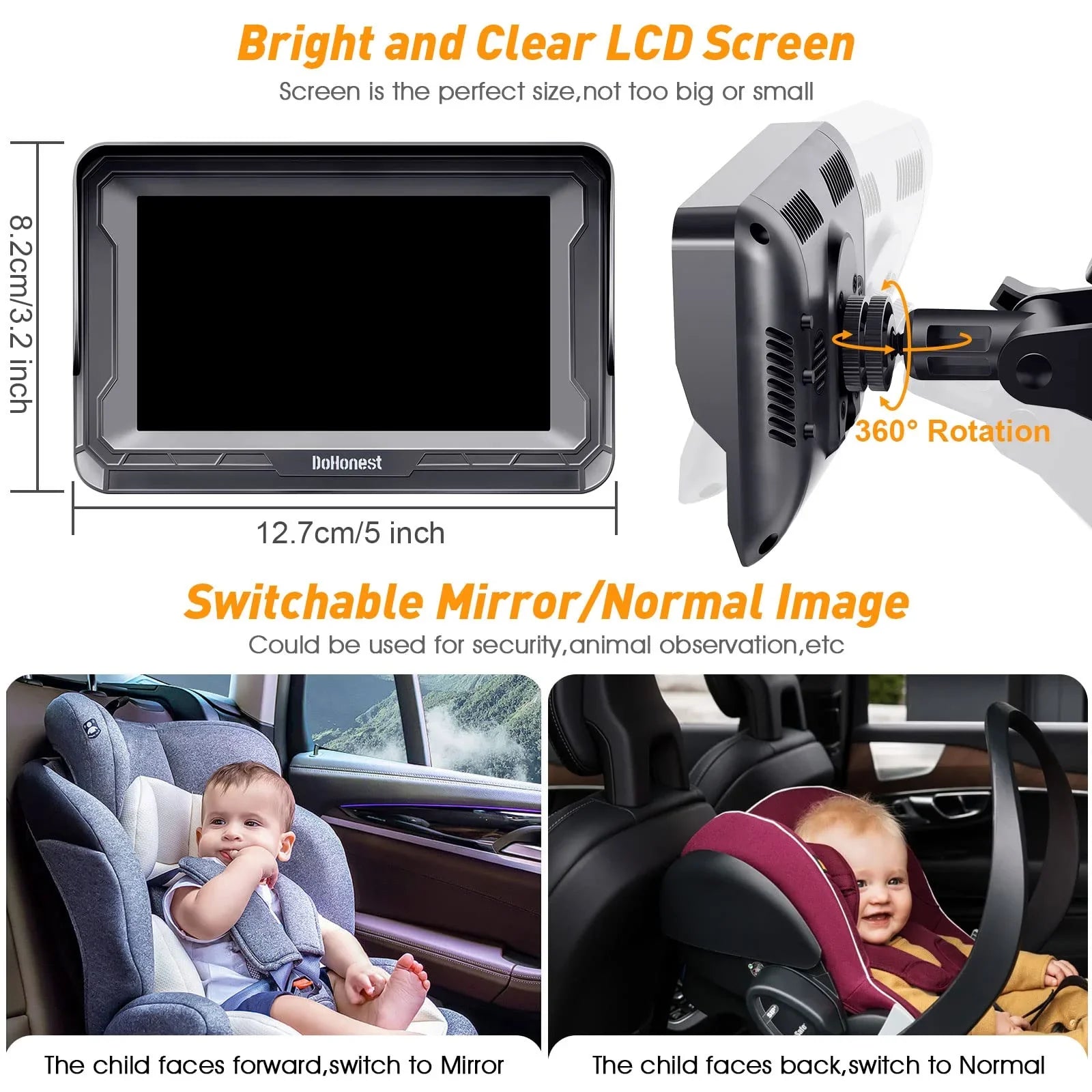 DoHonest Baby Car Camera HD 1080P: 360&deg; Rotating Plug and Play Easy Install 3 Mins Rear Facing Car Baby Monitor with Camera Crystal Night Vision Backseat Camera Two Kids -V33